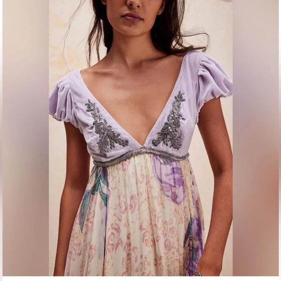 Free People Colette Maxi Dress Size 8 Mauve Fairy Embroidery Floral Skirt Fairy - Picture 2 of 10